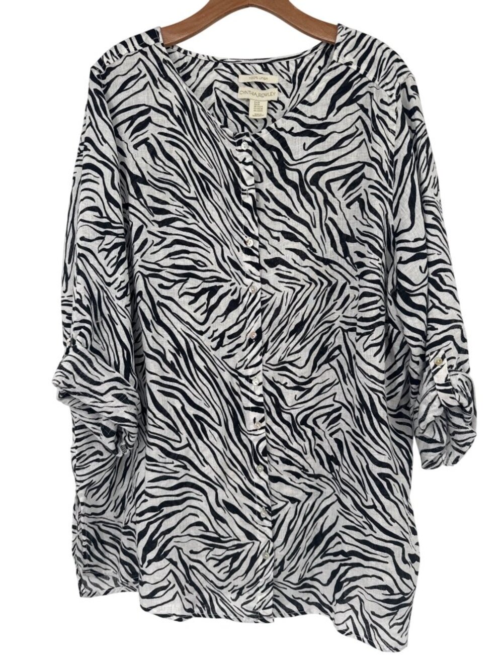 Cynthia Rowley Womens Zebra Print Button-Up Top tunic size 2X plus 100% Linen